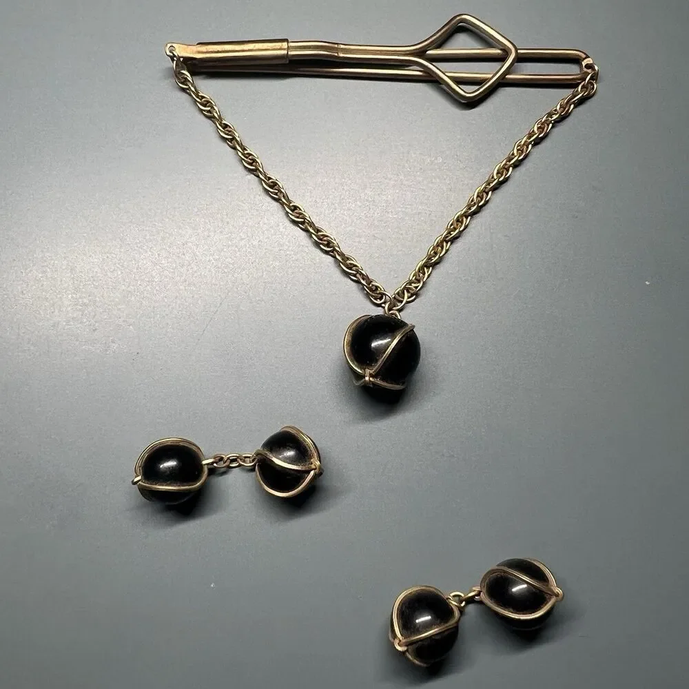 Vintage Mid Century Double Sided Wire Wrapped Black Bead Cufflinks Tie Bar Set